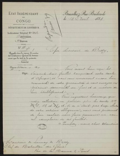 Lettre signée C. Coquilhat adressée à Lannoy de Bissy