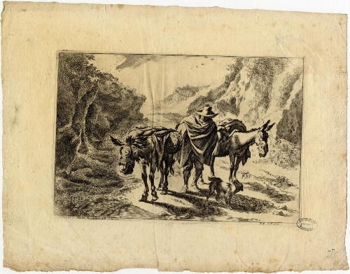 Un homme avec deux mulets harnachés et un chien sur un chemin de montagne
