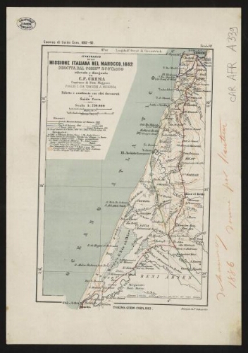 Itinerario della missione italiana nel Marocco, 1882, diretta dal commre Scovasso. Foglio I : da Tangeri a Mehedîa