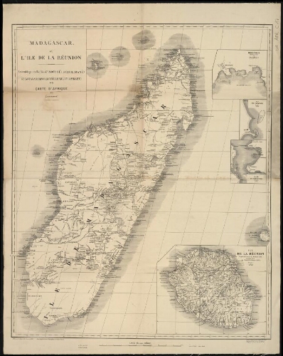 Madagascar et l'île de la Réunion : Assemblage des feuilles 47 (Nosy-Bé), 51 (Quillimané), 52 (Antananarivo), 56 (Tullear), 57 (Ambahy) de la carte d'Afrique à 1:2 000 000