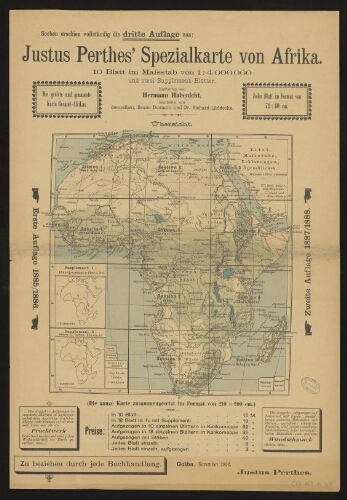 Soeben erschien vollständig die dritte Auflage von : Justus Perthes' Spezialkarte von Afrika, 10 Blatt im Masstab von 1:4 000 000 und zwei Supplement-Blätter : Übersicht