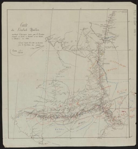 Carte du Foutah-Djallon montrant l'itinéraire suivi par le docteur Bayol, de Boké à Timbo et de Timbo à Médine en 1881