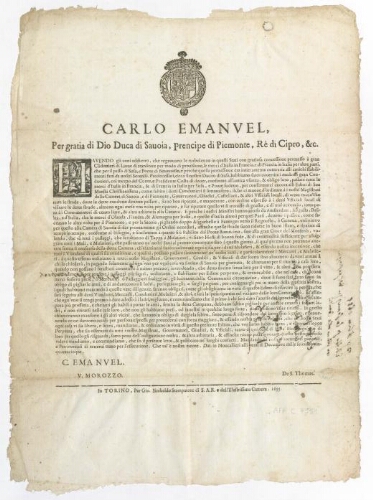 Carlo Emanuel, Per gratia di Dio Duca di Sauoia, prencipe di Piemonte