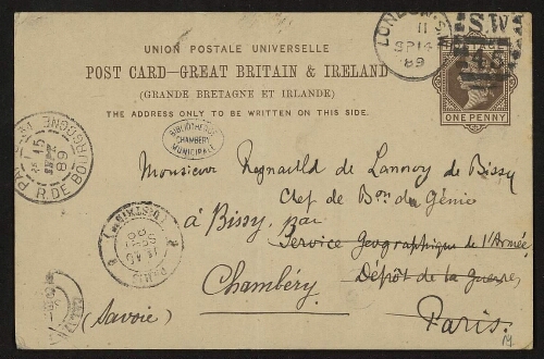 Carte postale d'Ernest George Ravenstein à Lannoy de Bissy