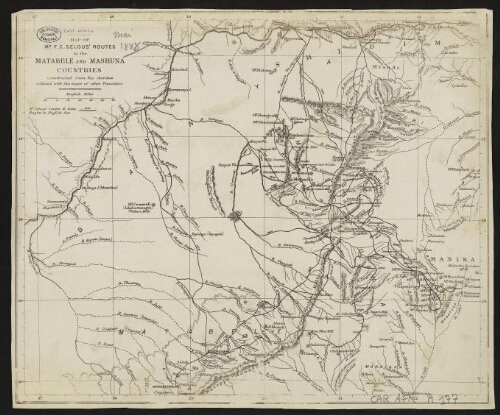 [Reproduction de] East Africa, map of Mr F. C. Selous' routes in the Matabele and Mashuna countries : constructed from his sketches collated with the maps of others travellers