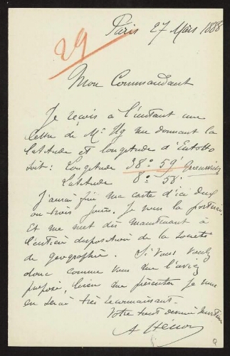 Lettre de A. Hénon donnant à Lannoy de Bissy les coordonnées géographiques d'Entotto