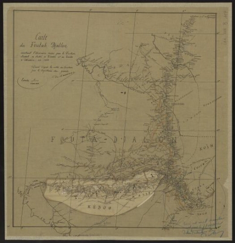 Carte du Foutah-Djallon montrant l'itinéraire suivi par le docteur Bayol, de Boké à Timbo et de Timbo à Médine en 1881