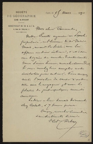 Lettre signée Debize adressée à Lannoy de Bissy