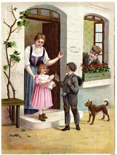 Un enfant sur le seuil d'une maison offre du pain à un petit ramoneur
