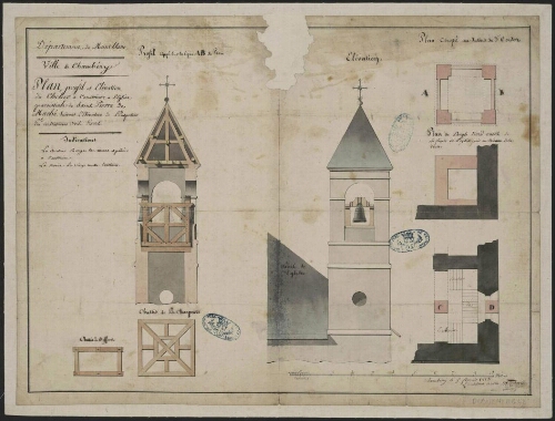 Département du Mont-Blanc, ville de Chambéry, plan, profil et élévation du clocher à construire à l'église paroissiale de Saint Pierre de Maché…