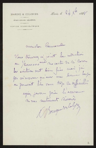 Lettre de Bouquet de la Gry à Lannoy de Bissy au sujet d'un envoi de deux réductions des cartes de M. Caron