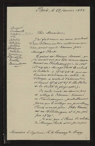 Lettre d'Henri Duveyrier à Lannoy de Bissy, au sujet d'un point "Koumi-Koumi" calculé par Mungo Park