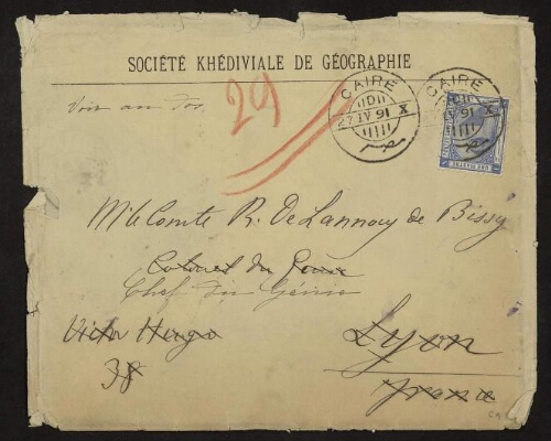 Lettre de Bonola à Lannoy de Bissy, au sujet de l'envoi de la copie d'une carte de l'expédition Munziger