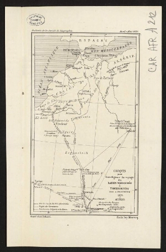 Croquis pour l'intelligence du voyage du rabbin Mardochée à Timbouktou par A. Beaumier : d'après la carte de Lapie, 1821 ; gravé chez Erhard