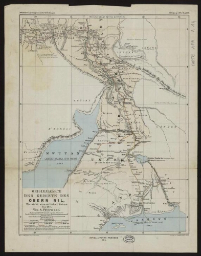 Originalkarte der Gebiete des Ober Nil, Übersicht sämmtlicher Reisen bis 1875