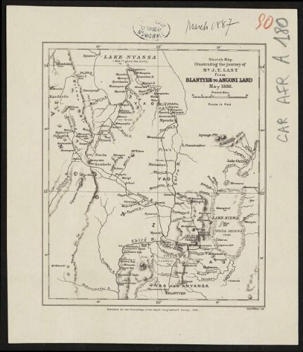 Sketch map illustrating the journey of Mr J. T. Last from Blantyre to Angoni, may 1886