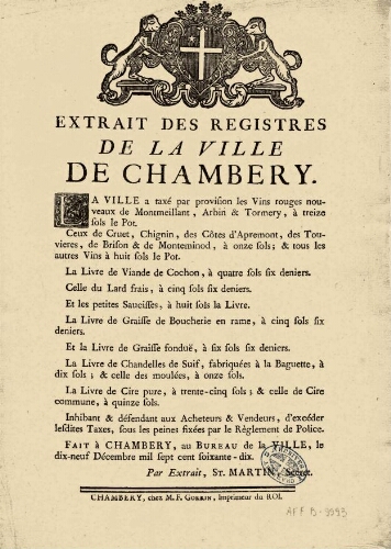 Extrait des registres de la ville de Chambéry