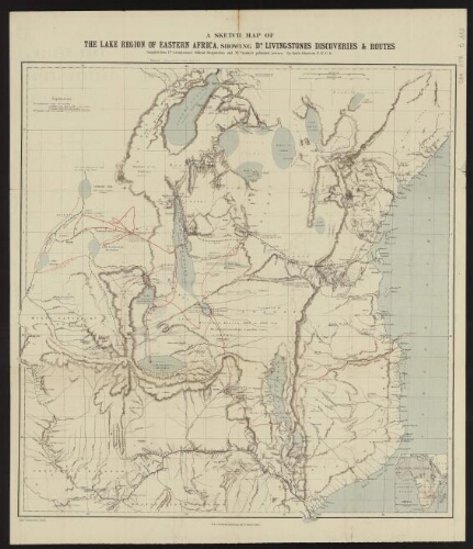 A sketch map of the lake region of eastern Africa, showing Dr Livingstones discoveries & routes