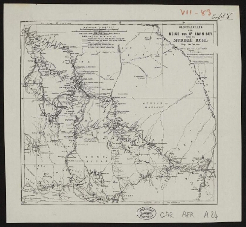 Originalkarte der Reise des Dr Emin Bey durch die Mudirië Rohl Sept. bis Dez. 1881 : mit Berücksichtigung der früheren Reisen desselben nach den Tagebüchern