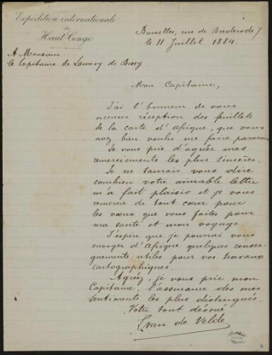 Lettre signée L. van de Velde adressée à Lannoy de Bissy