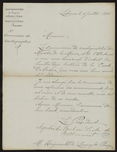 Lettre signée Agostinho Pacheco Leite de Bettencourt à Lannoy de Bissy
