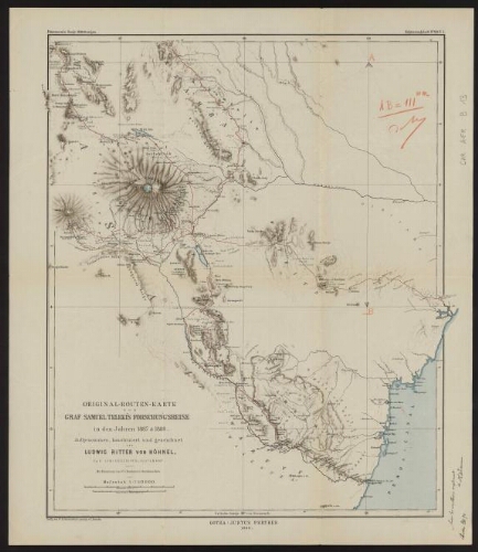 Original-Routen-Karte von Graf Samuel Telekis Forschungsreise in den Jahren 1887 & 1888