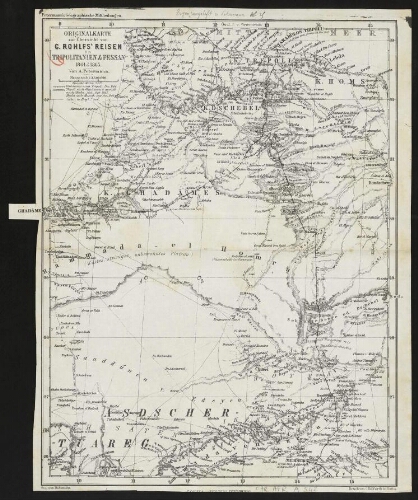 Originalkarte zur Übersicht von G. Rohlfs' Reisen in Tripolitanien & Fessan, 1864 & 1865